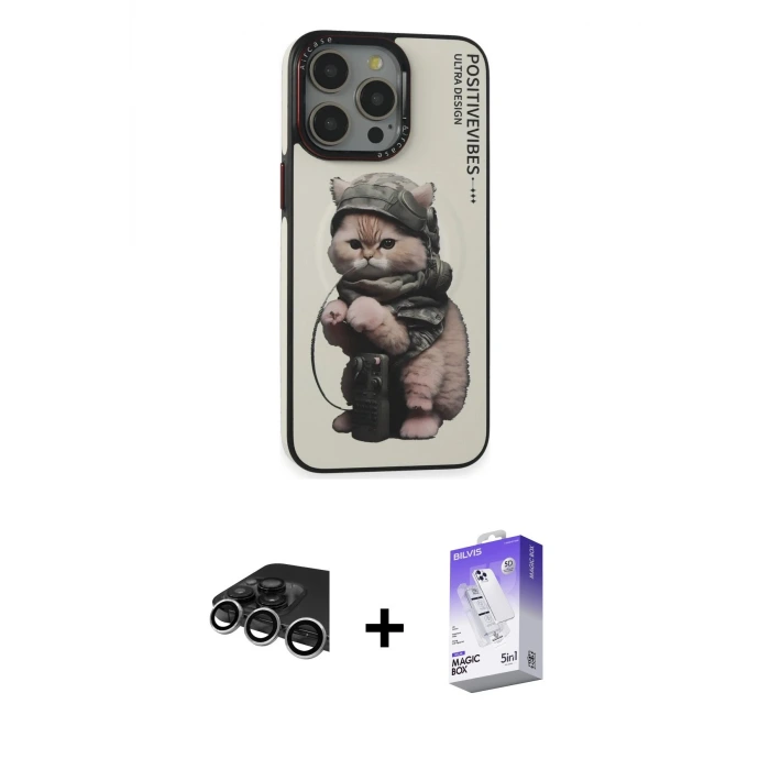 ieg™ iPhone 14 Pro Max Kılıf Siluet Modern Özel Seri - Siyah Bilvis 5in1 3D Magic Cam Ekran Koruyucu + Raze Metal Kamera Lens - GS