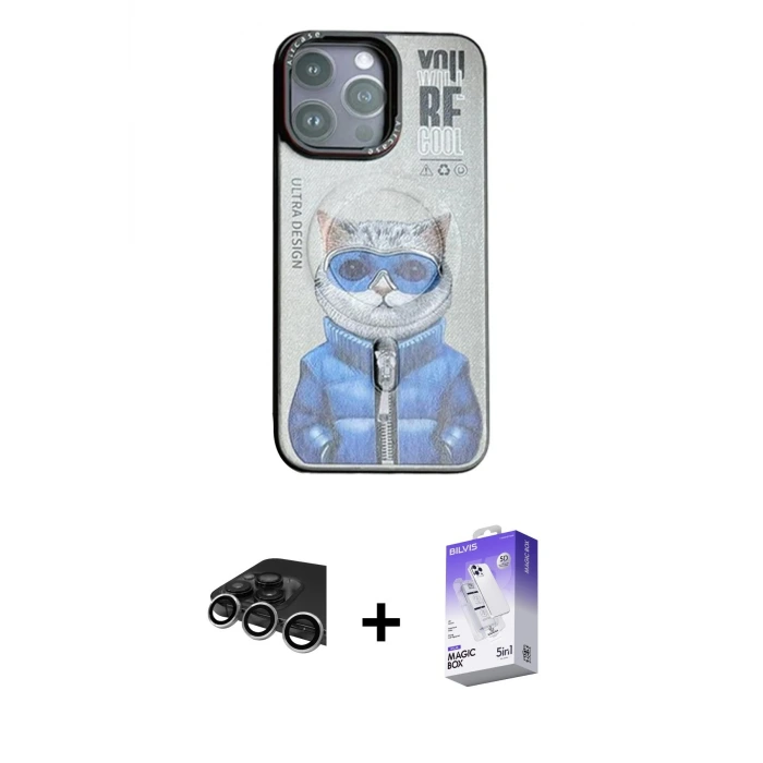 ieg™ iPhone 14 Pro Max Kılıf Siluet Modern Özel Seri - Siyah Bilvis 5in1 3D Magic Cam Ekran Koruyucu + Raze Metal Kamera Lens - GS