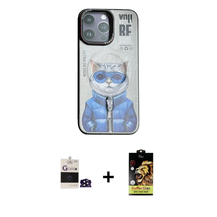ieg™ iPhone 14 Pro Max Kılıf Siluet Modern Özel Seri - Siyah Buffer Cam Ekran Koruyucu + Bilvis Titan Kamera Lens - DNMR