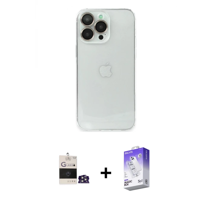 ieg™ iPhone 14 Pro Max Kılıf Ufuk Minimal Özel Seri - Siyah Bilvis 5in1 3D Magic Cam Ekran Koruyucu + Bilvis Titan Kamera Lens - GS