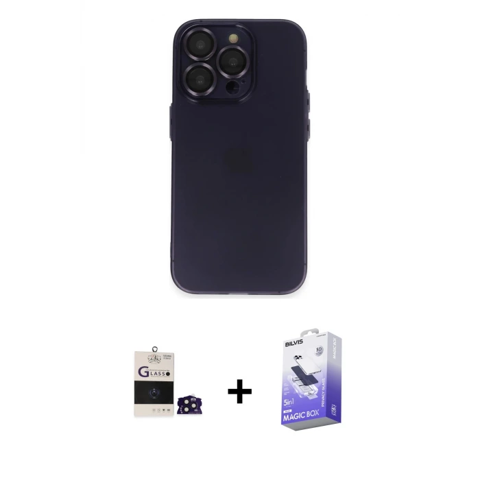 ieg™ iPhone 14 Pro Max Kılıf Ufuk Minimal Özel Seri - Siyah Bilvis 5in1 5D Magic Hayalet Cam Ekran Koruyucu + Bilvis Titan Kamera Lens - DNMR