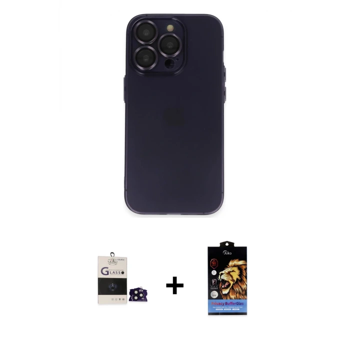 ieg™ iPhone 14 Pro Max Kılıf Ufuk Minimal Özel Seri - Siyah Buffer Hayalet Cam Ekran Koruyucu + Bilvis Titan Kamera Lens - SH