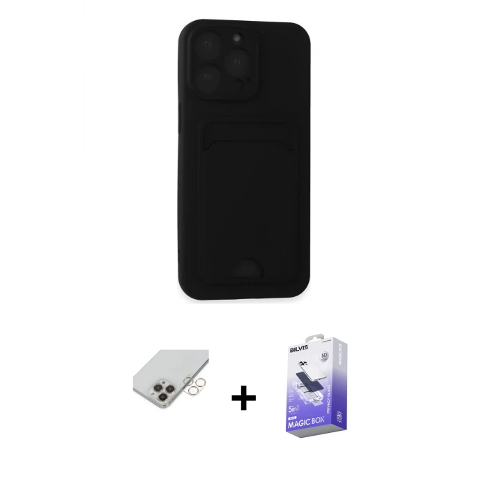ieg™ iPhone 14 Pro Max Kılıf Vadi Çizgi Prime - Siyah Bilvis 5in1 5D Magic Hayalet Cam Ekran Koruyucu + Band Metal Kamera Lens - GD