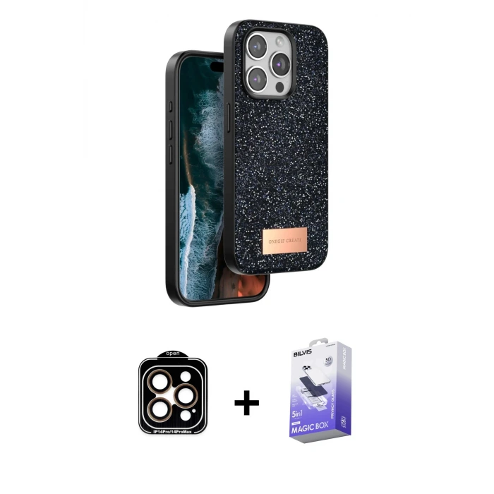 ieg™ iPhone 14 Pro Max Kılıf Vadi Klasik Serisi - Siyah Bilvis 5in1 5D Magic Hayalet Cam Ekran Koruyucu + PVD Metal Kamera Lens - TU