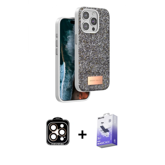 ieg™ iPhone 14 Pro Max Kılıf Vadi Klasik Serisi - Siyah Bilvis 5in1 5D Magic Hayalet Cam Ekran Koruyucu + PVD Metal Kamera Lens - TU