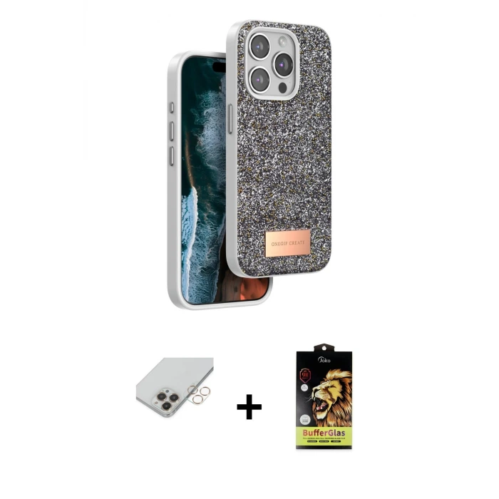 ieg™ iPhone 14 Pro Max Kılıf Vadi Klasik Serisi - Siyah Buffer Cam Ekran Koruyucu + Band Metal Kamera Lens - GD