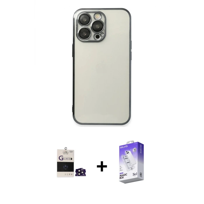 ieg™ iPhone 14 Pro Max Kılıf Vadi Minimal - Siyah Bilvis 5in1 3D Magic Cam Ekran Koruyucu + Bilvis Titan Kamera Lens - DNMR