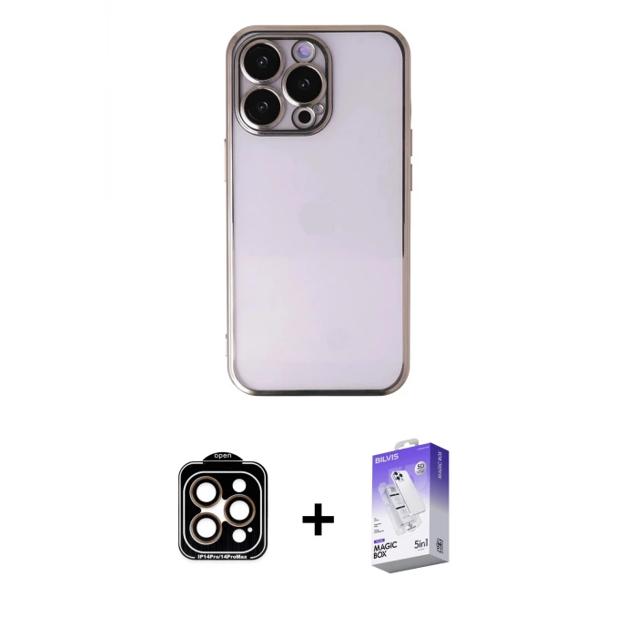ieg™ iPhone 14 Pro Max Kılıf Vadi Minimal - Siyah Bilvis 5in1 3D Magic Cam Ekran Koruyucu + PVD Metal Kamera Lens - TU