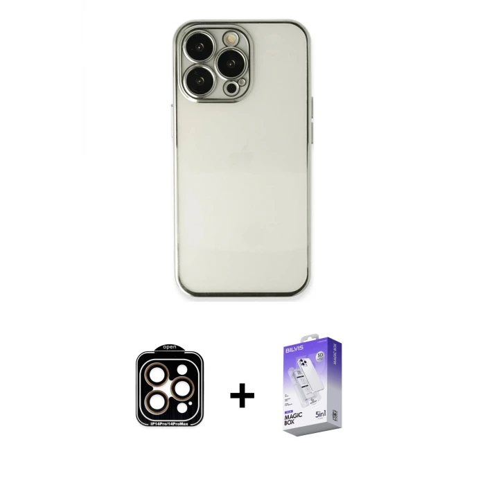ieg™ iPhone 14 Pro Max Kılıf Vadi Minimal - Siyah Bilvis 5in1 3D Magic Cam Ekran Koruyucu + PVD Metal Kamera Lens - TU