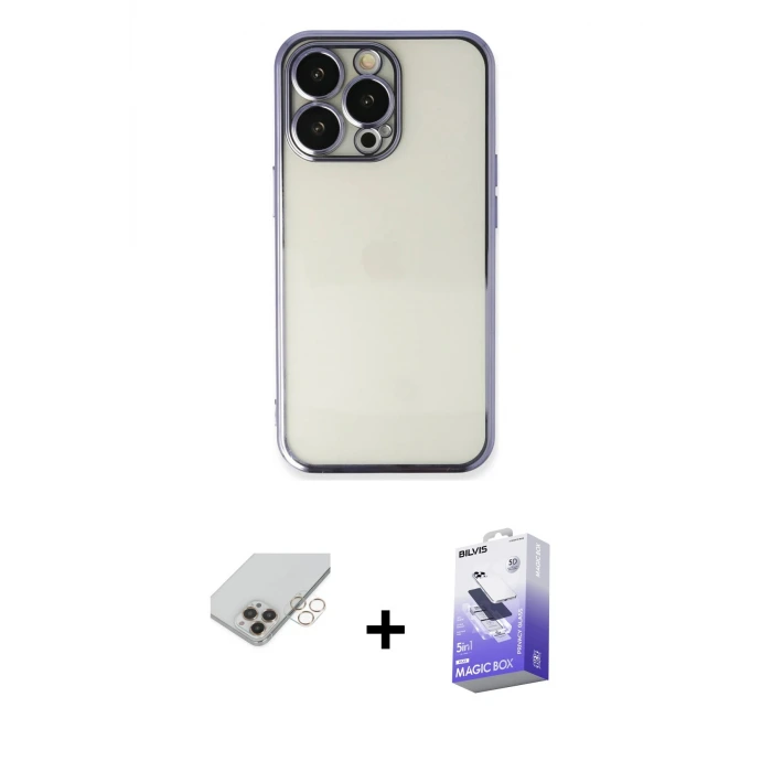 ieg™ iPhone 14 Pro Max Kılıf Vadi Minimal - Siyah Bilvis 5in1 5D Magic Hayalet Cam Ekran Koruyucu + Band Metal Kamera Lens - GD