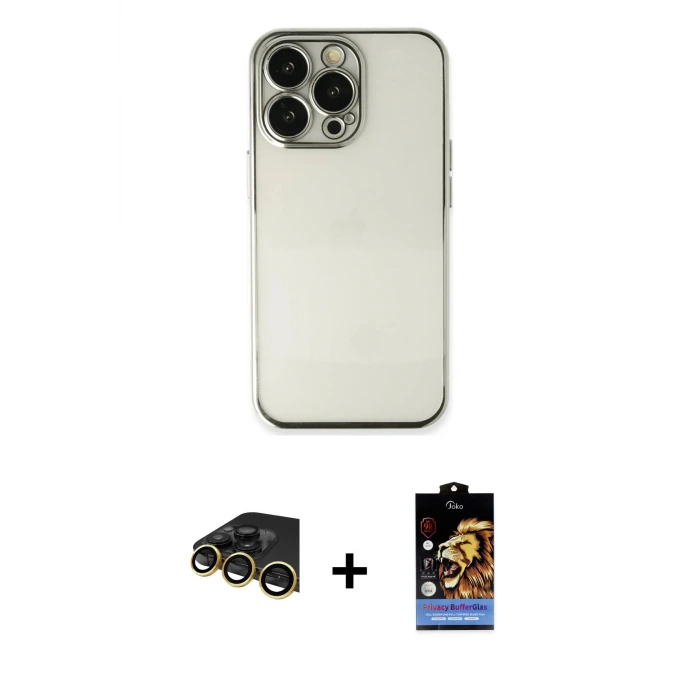 ieg™ iPhone 14 Pro Max Kılıf Vadi Minimal - Siyah Buffer Hayalet Cam Ekran Koruyucu + Raze Metal Kamera Lens - GD