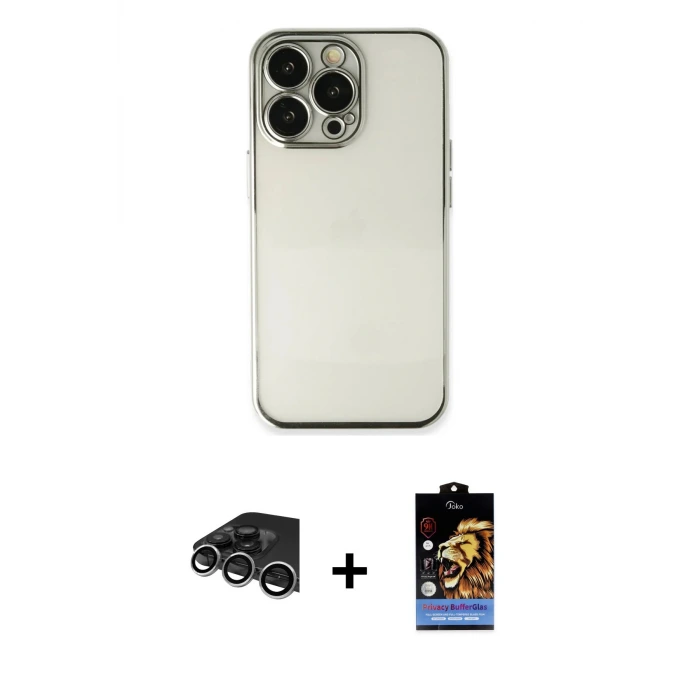 ieg™ iPhone 14 Pro Max Kılıf Vadi Minimal - Siyah Buffer Hayalet Cam Ekran Koruyucu + Raze Metal Kamera Lens - GS