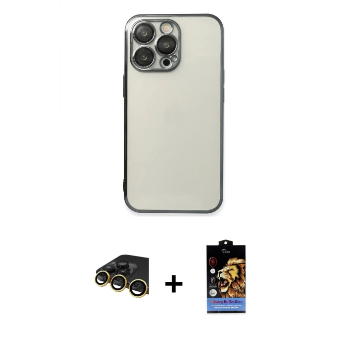 ieg™ iPhone 14 Pro Max Kılıf Vadi Minimal - Siyah Buffer Hayalet Cam Ekran Koruyucu + Raze Metal Kamera Lens - GD