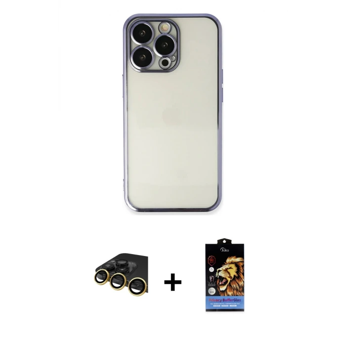 ieg™ iPhone 14 Pro Max Kılıf Vadi Minimal - Siyah Buffer Hayalet Cam Ekran Koruyucu + Raze Metal Kamera Lens - GD
