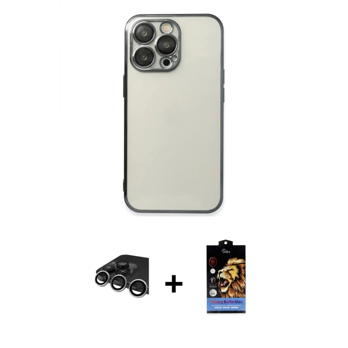 ieg™ iPhone 14 Pro Max Kılıf Vadi Minimal - Siyah Buffer Hayalet Cam Ekran Koruyucu + Raze Metal Kamera Lens - GS