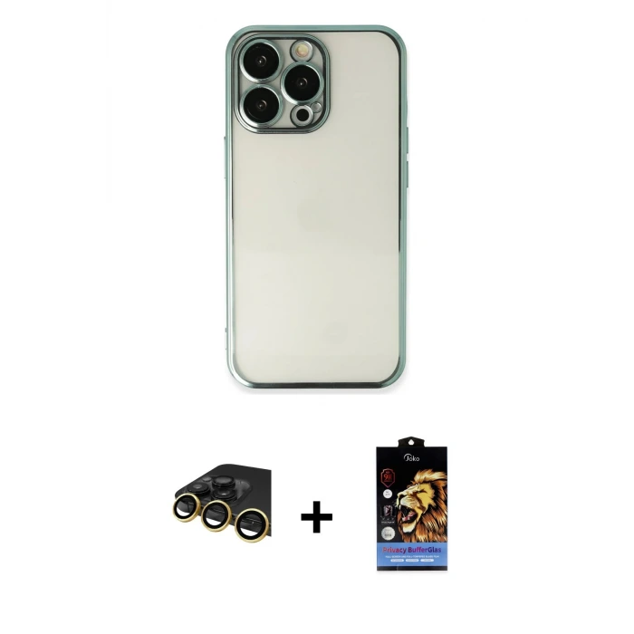 ieg™ iPhone 14 Pro Max Kılıf Vadi Minimal - Siyah Buffer Hayalet Cam Ekran Koruyucu + Raze Metal Kamera Lens - GD