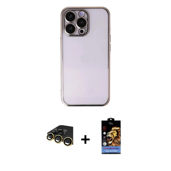 ieg™ iPhone 14 Pro Max Kılıf Vadi Minimal - Siyah Buffer Hayalet Cam Ekran Koruyucu + Raze Metal Kamera Lens - GD
