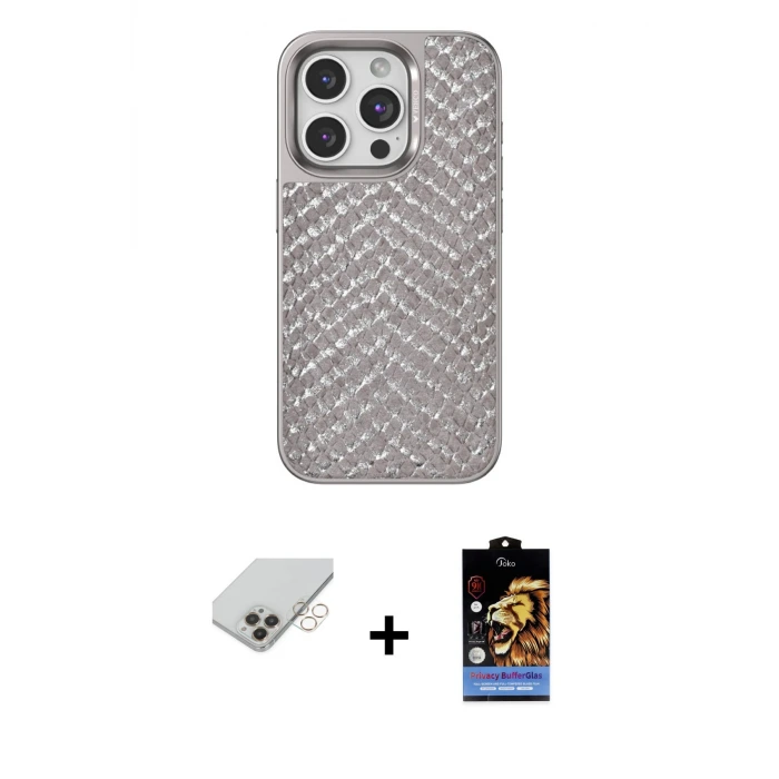 ieg™ iPhone 14 Pro Max Kılıf Vadi Özel Seri - Siyah Buffer Hayalet Cam Ekran Koruyucu + Band Metal Kamera Lens - GD