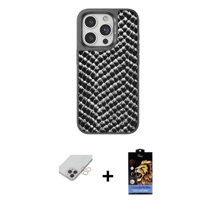 ieg™ iPhone 14 Pro Max Kılıf Vadi Özel Seri - Siyah Buffer Hayalet Cam Ekran Koruyucu + Band Metal Kamera Lens - GD