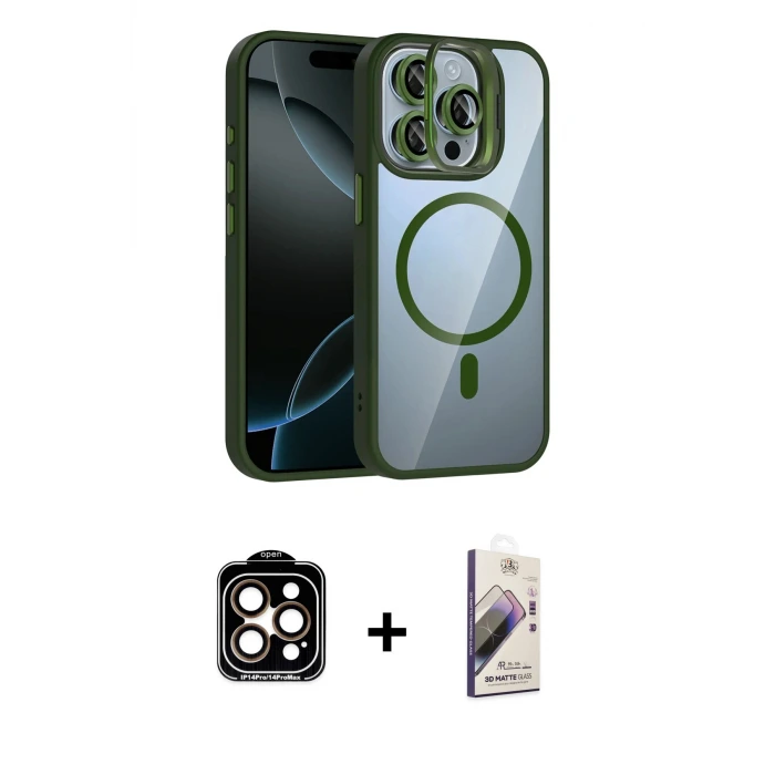 ieg™ iPhone 14 Pro Max Kılıf Yadigar Asil Koleksiyonu - Siyah Bilvis 3D Mat Cam Ekran Koruyucu + PVD Metal Kamera Lens - TU