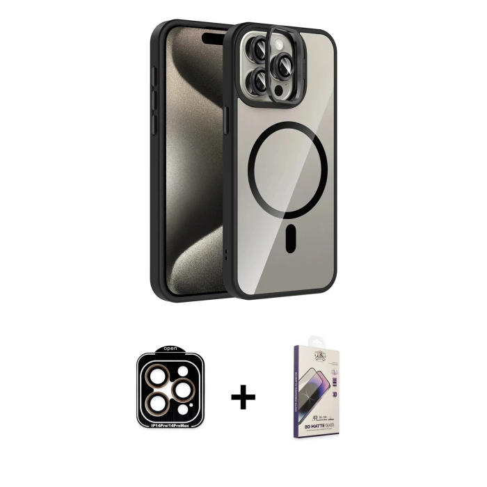 ieg™ iPhone 14 Pro Max Kılıf Yadigar Asil Koleksiyonu - Siyah Bilvis 3D Mat Cam Ekran Koruyucu + PVD Metal Kamera Lens - TU