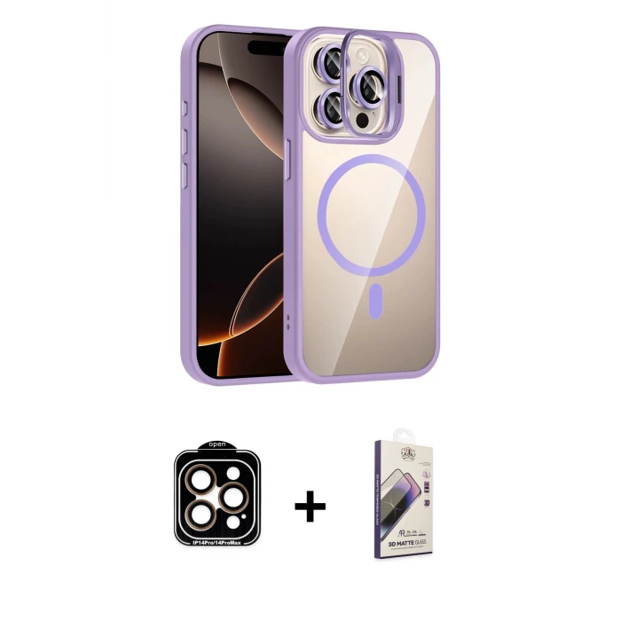 ieg™ iPhone 14 Pro Max Kılıf Yadigar Asil Koleksiyonu - Siyah Bilvis 3D Mat Cam Ekran Koruyucu + PVD Metal Kamera Lens - TU