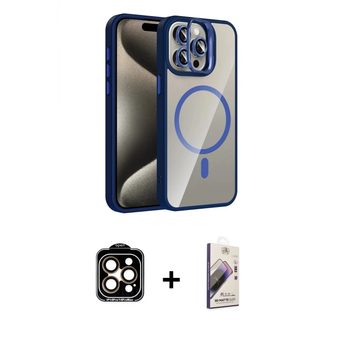 ieg™ iPhone 14 Pro Max Kılıf Yadigar Asil Koleksiyonu - Siyah Bilvis 3D Mat Cam Ekran Koruyucu + PVD Metal Kamera Lens - TU