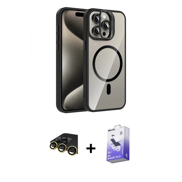 ieg™ iPhone 14 Pro Max Kılıf Yadigar Asil Koleksiyonu - Siyah Bilvis 5in1 5D Magic Hayalet Cam Ekran Koruyucu + Raze Metal Kamera Lens - GD