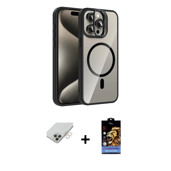ieg™ iPhone 14 Pro Max Kılıf Yadigar Asil Koleksiyonu - Siyah Buffer Hayalet Cam Ekran Koruyucu + Band Metal Kamera Lens - GD