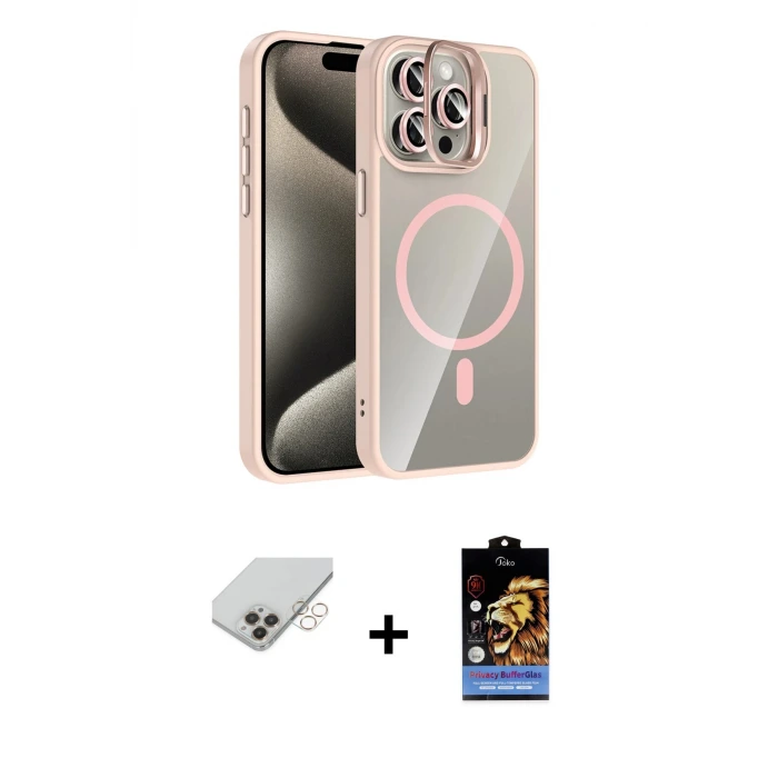 ieg™ iPhone 14 Pro Max Kılıf Yadigar Asil Koleksiyonu - Siyah Buffer Hayalet Cam Ekran Koruyucu + Band Metal Kamera Lens - GD