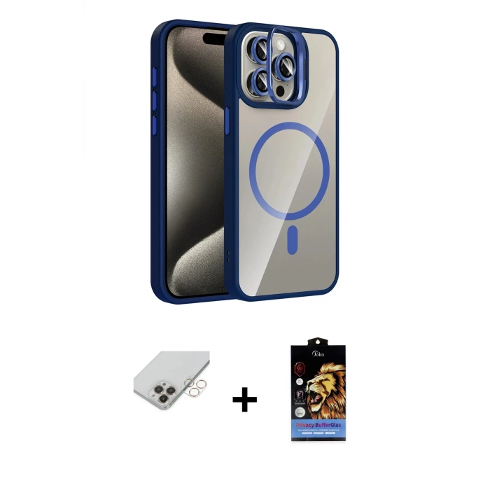 ieg™ iPhone 14 Pro Max Kılıf Yadigar Asil Koleksiyonu - Siyah Buffer Hayalet Cam Ekran Koruyucu + Band Metal Kamera Lens - GD