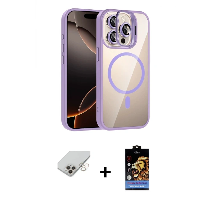 ieg™ iPhone 14 Pro Max Kılıf Yadigar Asil Koleksiyonu - Siyah Buffer Hayalet Cam Ekran Koruyucu + Band Metal Kamera Lens - GD