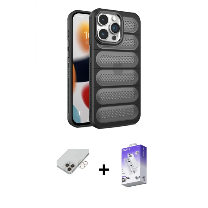 ieg™ iPhone 14 Pro Max Kılıf Yadigar Doku Özel Seri - Siyah Bilvis 5in1 3D Magic Cam Ekran Koruyucu + Band Metal Kamera Lens - GD