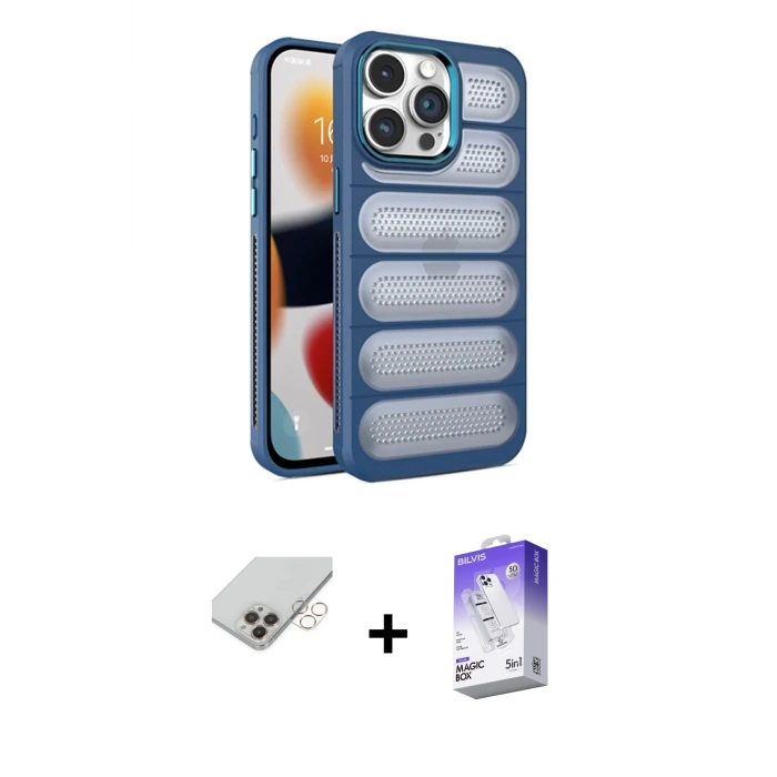 ieg™ iPhone 14 Pro Max Kılıf Yadigar Doku Özel Seri - Siyah Bilvis 5in1 3D Magic Cam Ekran Koruyucu + Band Metal Kamera Lens - GD