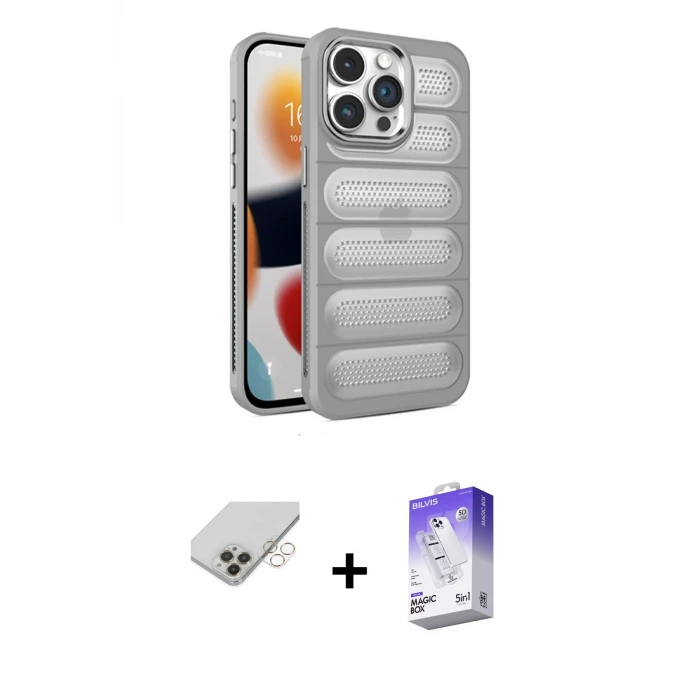 ieg™ iPhone 14 Pro Max Kılıf Yadigar Doku Özel Seri - Siyah Bilvis 5in1 3D Magic Cam Ekran Koruyucu + Band Metal Kamera Lens - GD