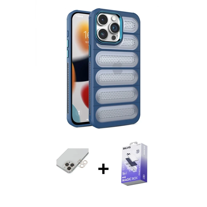 ieg™ iPhone 14 Pro Max Kılıf Yadigar Doku Özel Seri - Siyah Bilvis 5in1 5D Magic Hayalet Cam Ekran Koruyucu + Band Metal Kamera Lens - GD