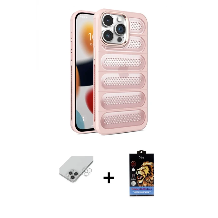 ieg™ iPhone 14 Pro Max Kılıf Yadigar Doku Özel Seri - Siyah Buffer Hayalet Cam Ekran Koruyucu + Band Metal Kamera Lens - GS