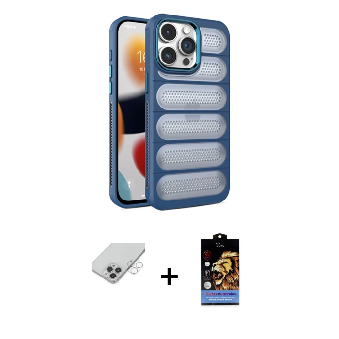 ieg™ iPhone 14 Pro Max Kılıf Yadigar Doku Özel Seri - Siyah Buffer Hayalet Cam Ekran Koruyucu + Band Metal Kamera Lens - GS