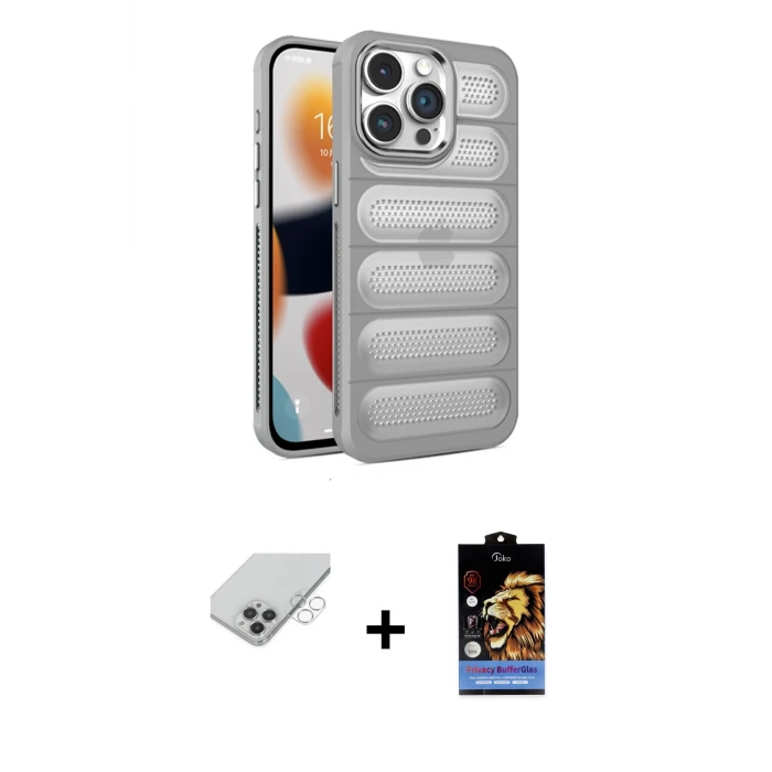 ieg™ iPhone 14 Pro Max Kılıf Yadigar Doku Özel Seri - Siyah Buffer Hayalet Cam Ekran Koruyucu + Band Metal Kamera Lens - GS