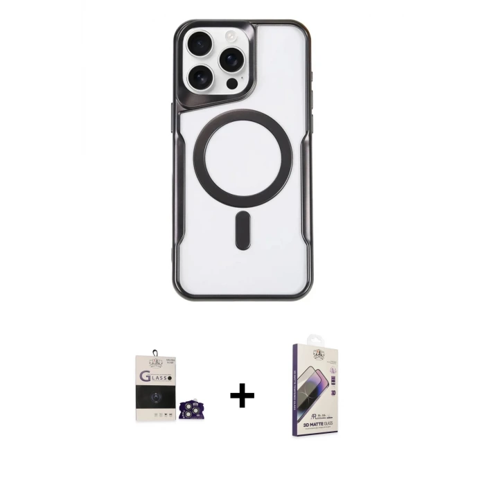 ieg™ iPhone 14 Pro Max Kılıf Yadigar Klasik Özel Seri - Siyah Bilvis 3D Mat Cam Ekran Koruyucu + Bilvis Titan Kamera Lens - GS