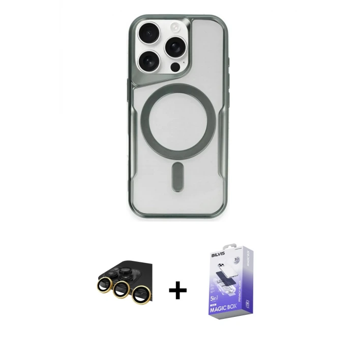 ieg™ iPhone 14 Pro Max Kılıf Yadigar Klasik Özel Seri - Siyah Bilvis 5in1 5D Magic Hayalet Cam Ekran Koruyucu + Raze Metal Kamera Lens - GD