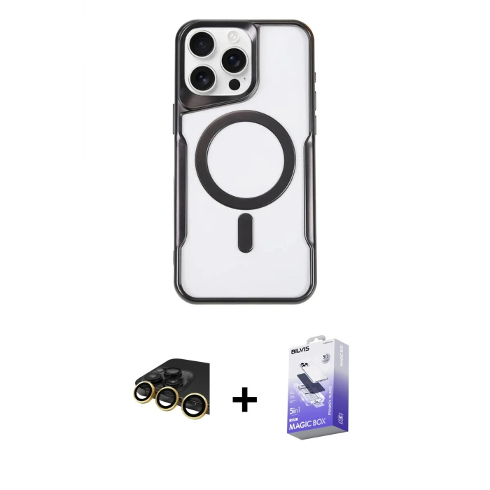 ieg™ iPhone 14 Pro Max Kılıf Yadigar Klasik Özel Seri - Siyah Bilvis 5in1 5D Magic Hayalet Cam Ekran Koruyucu + Raze Metal Kamera Lens - GD