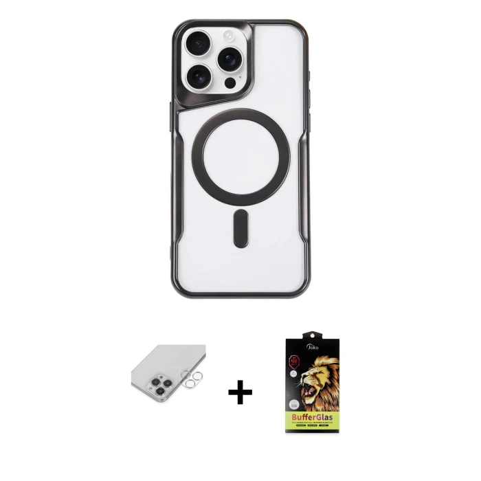 ieg™ iPhone 14 Pro Max Kılıf Yadigar Klasik Özel Seri - Siyah Buffer Cam Ekran Koruyucu + Band Metal Kamera Lens - GS