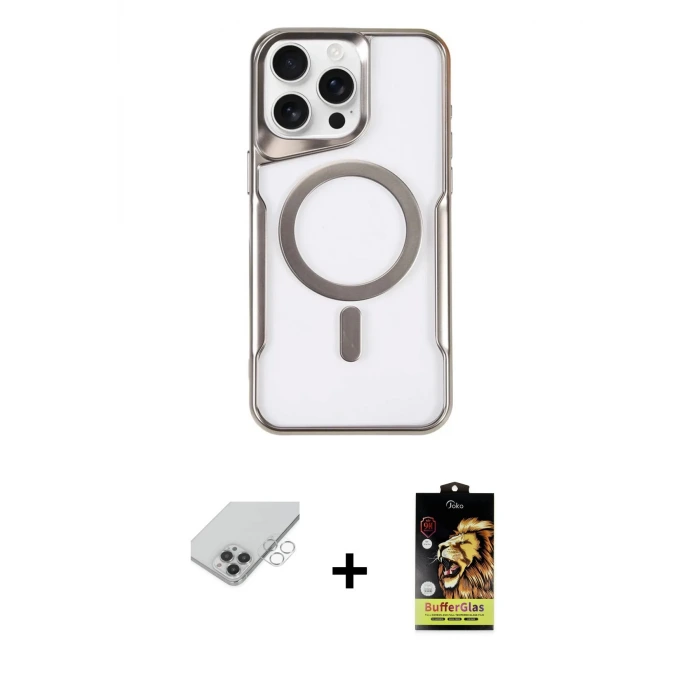 ieg™ iPhone 14 Pro Max Kılıf Yadigar Klasik Özel Seri - Siyah Buffer Cam Ekran Koruyucu + Band Metal Kamera Lens - GS