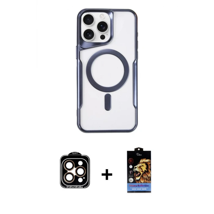 ieg™ iPhone 14 Pro Max Kılıf Yadigar Klasik Özel Seri - Siyah Buffer Hayalet Cam Ekran Koruyucu + PVD Metal Kamera Lens - TU