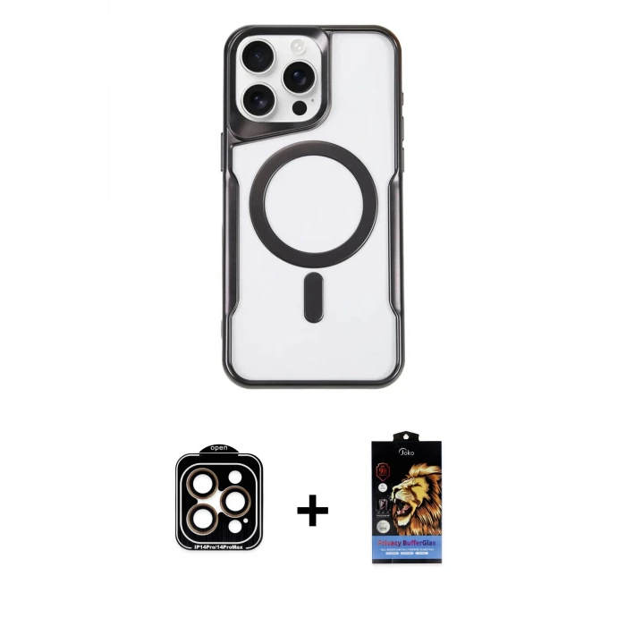 ieg™ iPhone 14 Pro Max Kılıf Yadigar Klasik Özel Seri - Siyah Buffer Hayalet Cam Ekran Koruyucu + PVD Metal Kamera Lens - TU