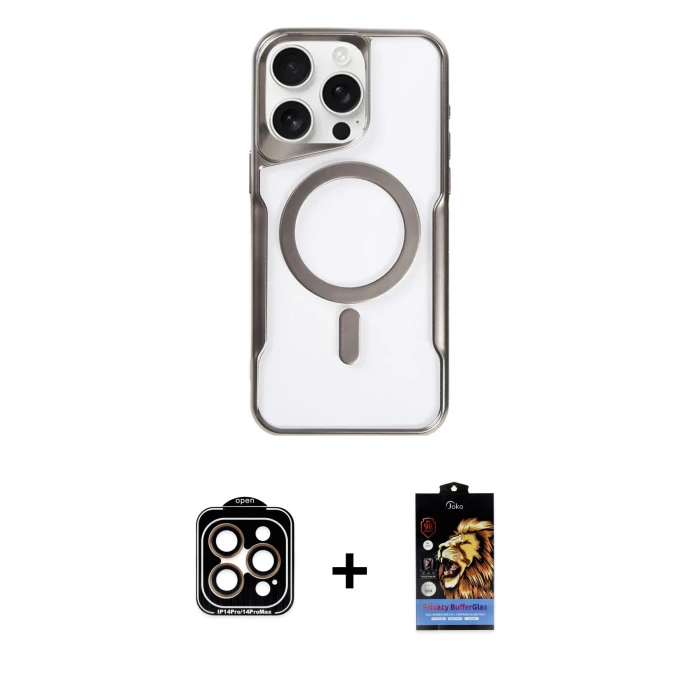 ieg™ iPhone 14 Pro Max Kılıf Yadigar Klasik Özel Seri - Siyah Buffer Hayalet Cam Ekran Koruyucu + PVD Metal Kamera Lens - TU