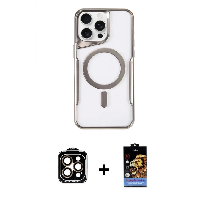ieg™ iPhone 14 Pro Max Kılıf Yadigar Klasik Özel Seri - Siyah Buffer Hayalet Cam Ekran Koruyucu + PVD Metal Kamera Lens - TU