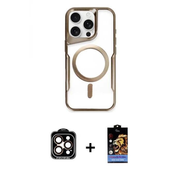 ieg™ iPhone 14 Pro Max Kılıf Yadigar Klasik Özel Seri - Siyah Buffer Hayalet Cam Ekran Koruyucu + PVD Metal Kamera Lens - TU