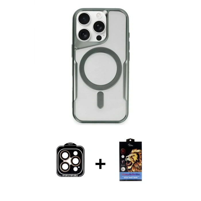 ieg™ iPhone 14 Pro Max Kılıf Yadigar Klasik Özel Seri - Siyah Buffer Hayalet Cam Ekran Koruyucu + PVD Metal Kamera Lens - TU